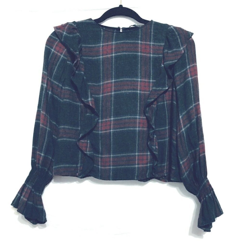 Zara Womens Size XS Plaid Ruffle Front Long Sleeve Cropped Top Academia Boho